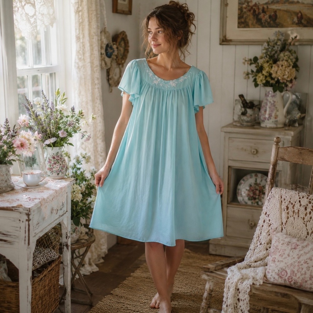 Miss Elaine Vintage‎ Night Gown Dress Cottagecore Edwardian Sz XL Oversized Blue